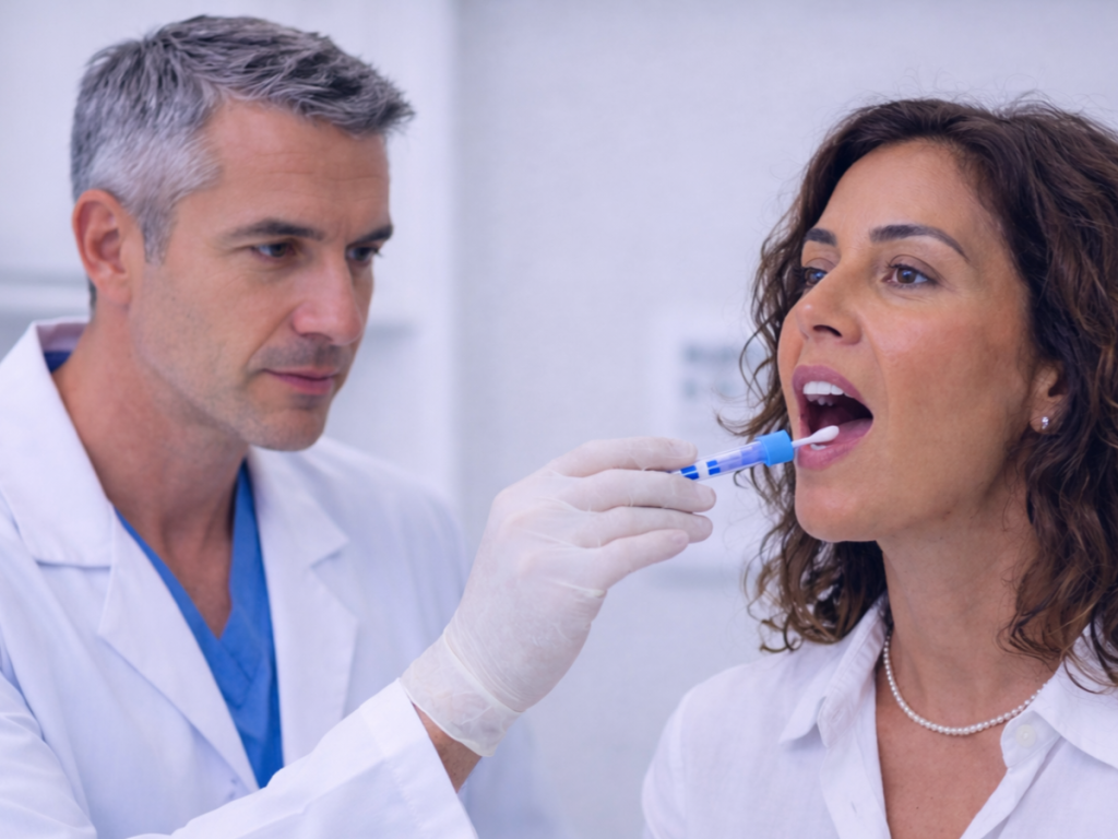 Paciente fazendo o exame de NGS com swab bucal