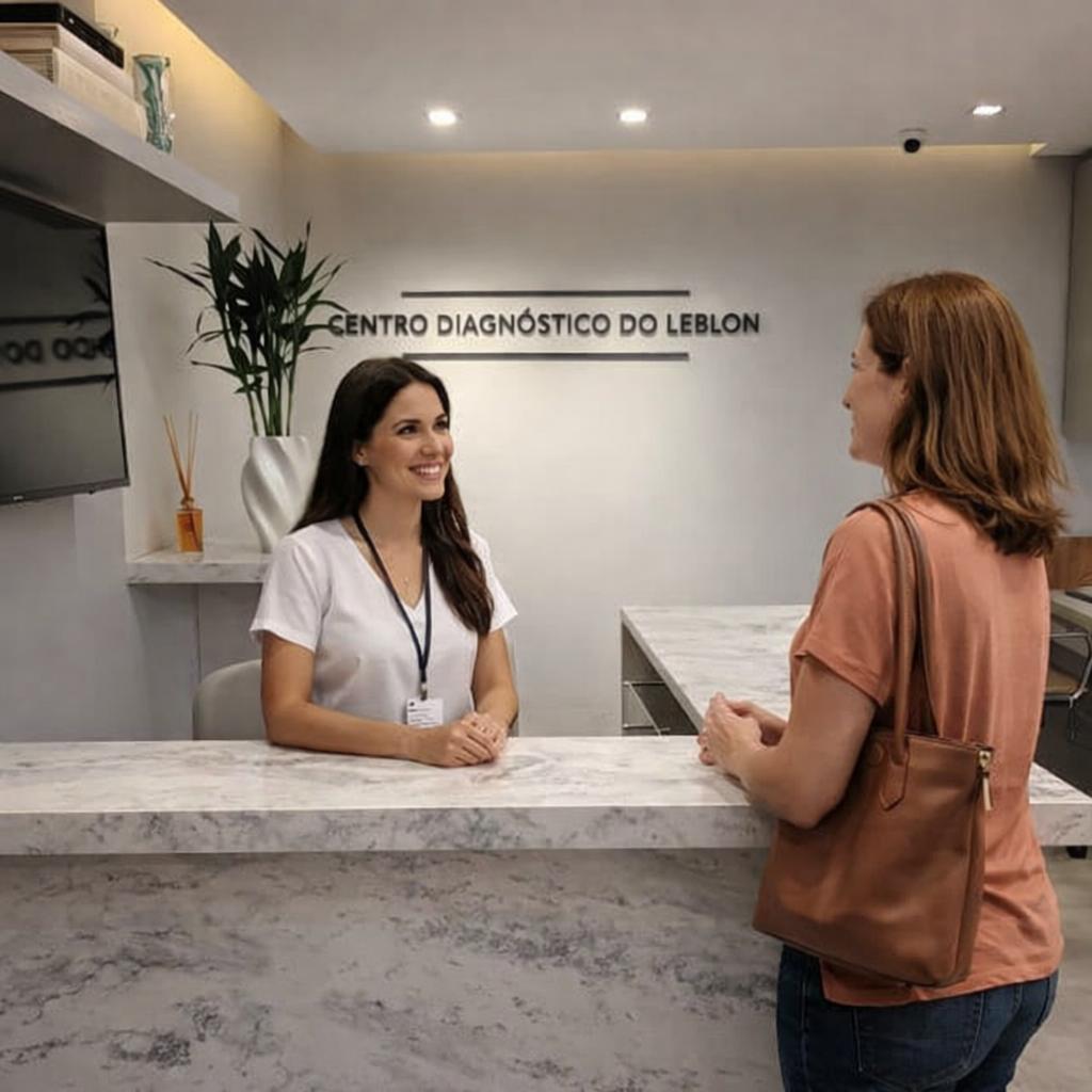 Recepcionista do Centro Diagnóstico do Leblon atendendo com todo carinho uma paciente
