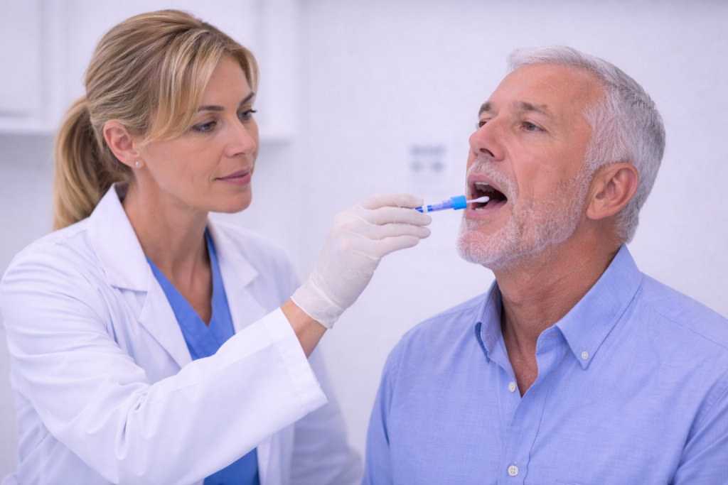 Médica fazendo o exame NGS com swab bucal em um paciente homem idoso