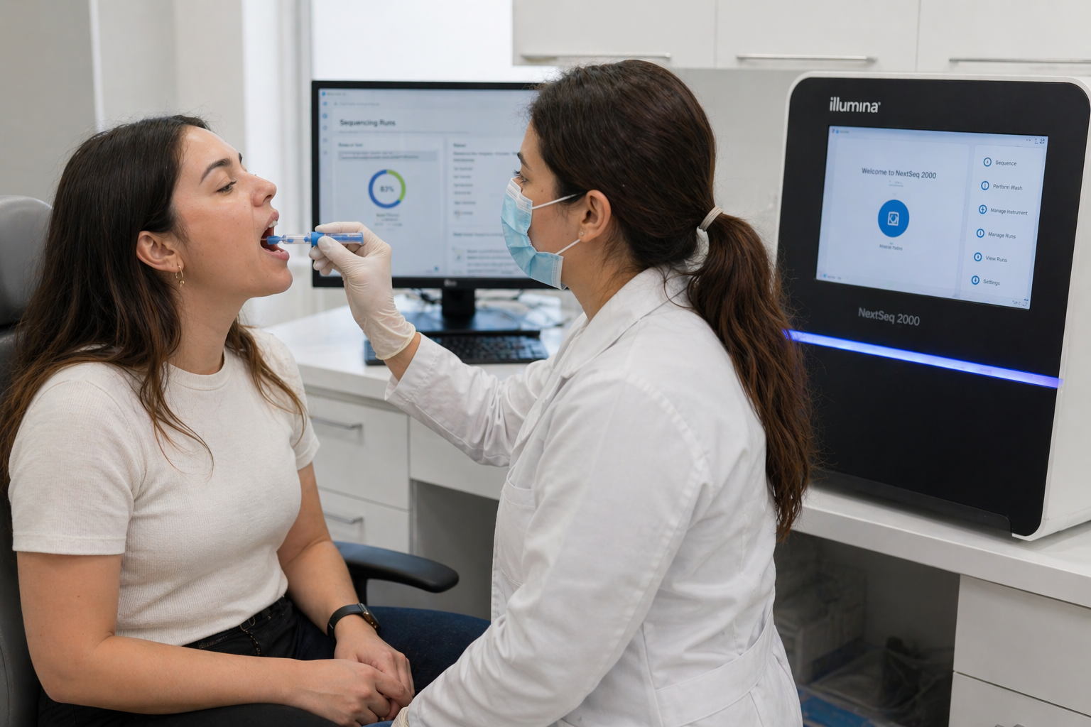 Paciente fazendo exame de swab bucal no Centro Diagnóstico do Leblon