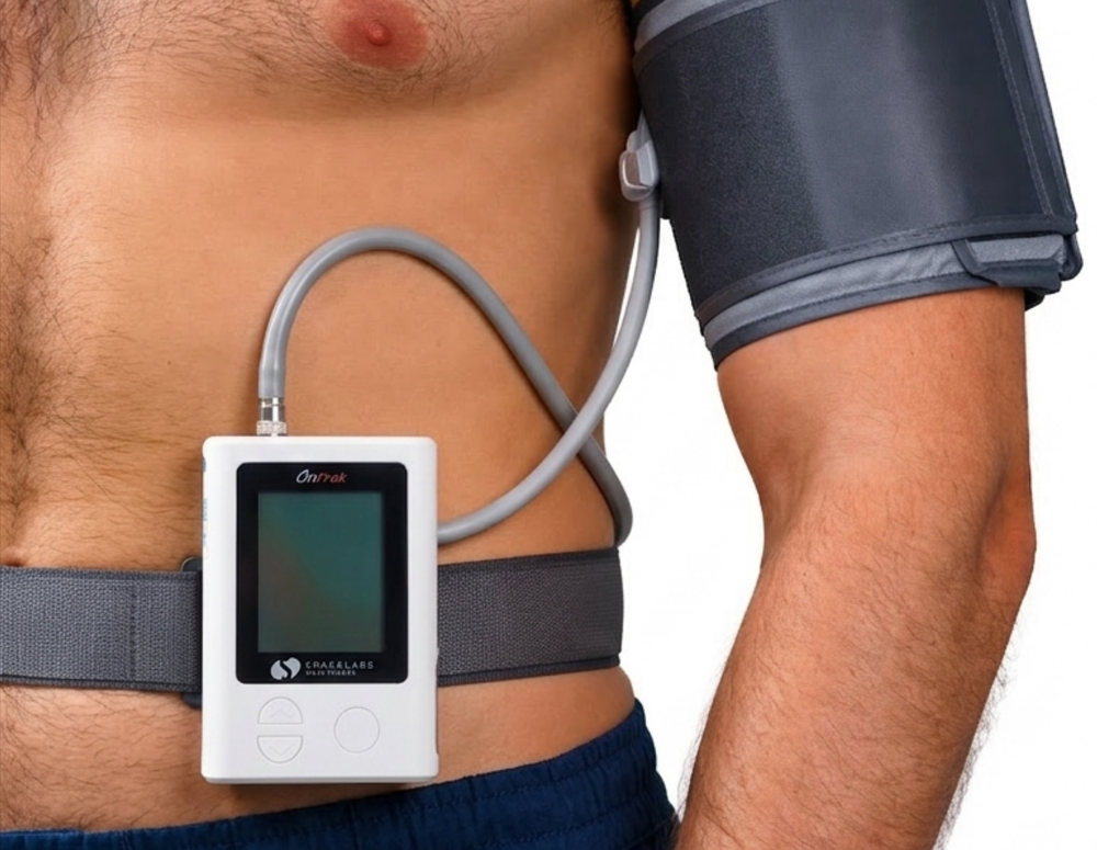 Homem com aparelho do exame MAPA na cintura e no braço