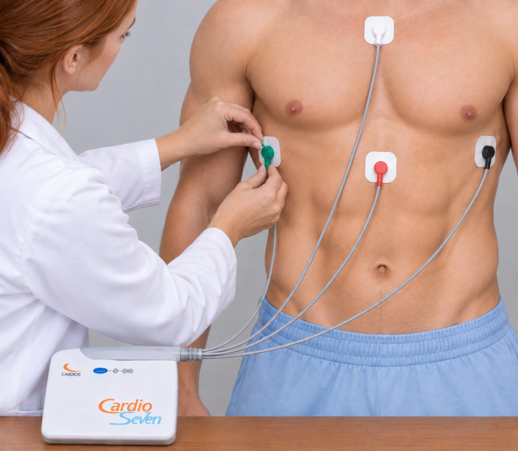 Homem usando Holter Cardioseven para exame no Centro Diagnóstico do Leblon
